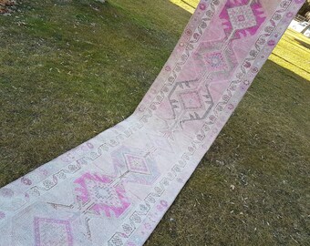 Vintage Distressed Fine Muted Oushak Runner Rug, Hand Knotted Oriental Design Hallway Runner, Boho Eclectic Wool Area Rug 2&#39;6&#39;&#39; x 13&#39;5&#39;&#39;