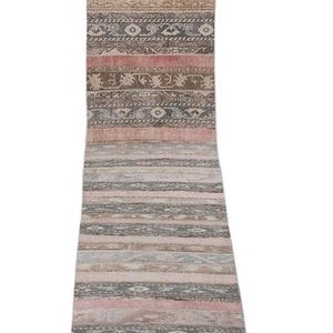 May include: A long, rectangular rug with a patchwork design. The rug features alternating bands of color, including pink, beige, and gray, with intricate patterns and designs. The rug is likely made of woven fabric.