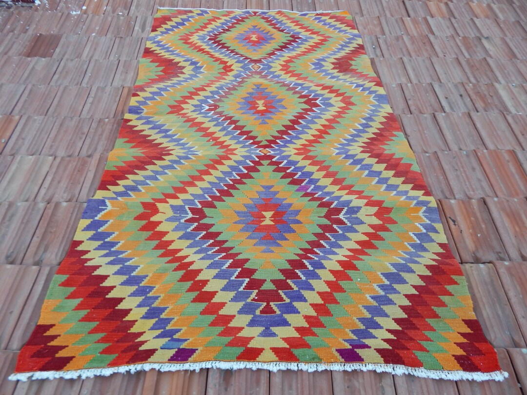 5'4''x9'4'' / 162x285cm Diamond Kilim Rug, Vintage Turkish Colorful Boho Kilim Rugs, Zigzag