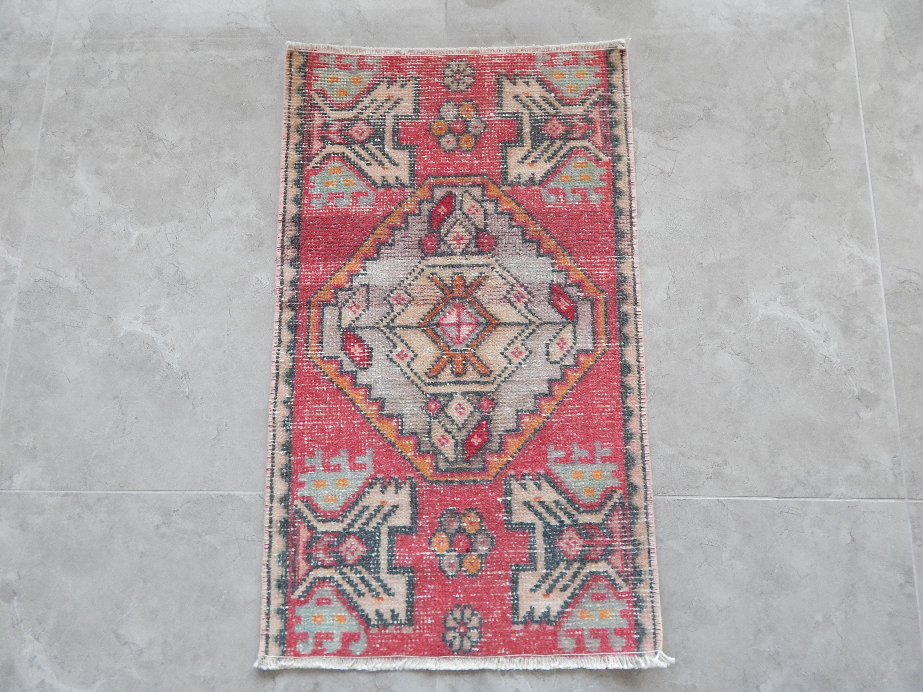 ヴィンテージ トルコ 幾何学デザイン 赤、オレンジ、グレー カラー
