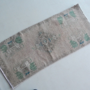 Rug Hand Knotted Low Pile Small Kitchen Mat/ 19&quot; x 43&quot; // Muted Colors Petite in Front of The Kitchen Sink // for Entryway and Bath