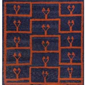 1970 Vintage Handgefertigtes Einzigartiges Muster Quadrat Türkisch Tulu Teppich, Weicher Angora Wolle Shaggy Teppich, Orange und Blauer Farbstapelteppich, 6 &#39;X 6&#39;2 &#39;&#39;