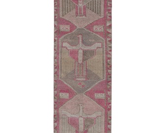 Tapete decorativo turco Oushak grande com desenho de águia em tons suaves de rosa e bege, estilo moderno, 1,04 m x 3,51 m.