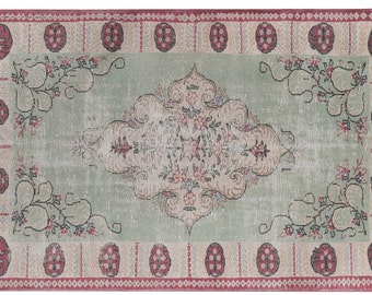 Decorative Turkish Medallion Rug, Green, Claret Red and Gray Color Oushak Rug, Handknotted Wool Carpet for Home Decor,  6'2'' X 9'6''