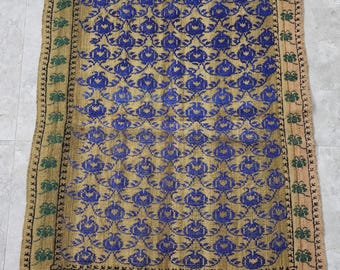 手織り花柄ニードルポイント子供用キリムラグ、壁掛けトルコウールジャジム、オービュッソンタペストリーラグ、2フィート9インチ×3フィート6インチ