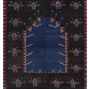 Vintage Blue,  Red, Gray, Green and Pink Color Turkey Shaggy Rug, Hand Woven Soft Mohair Wool Tulu Carpet, 3'5'' X 4'8''