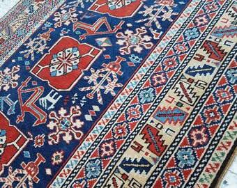 Blue Color Handmade Turkish Shirvan Rug Carpet 3'6'' X 5'2''