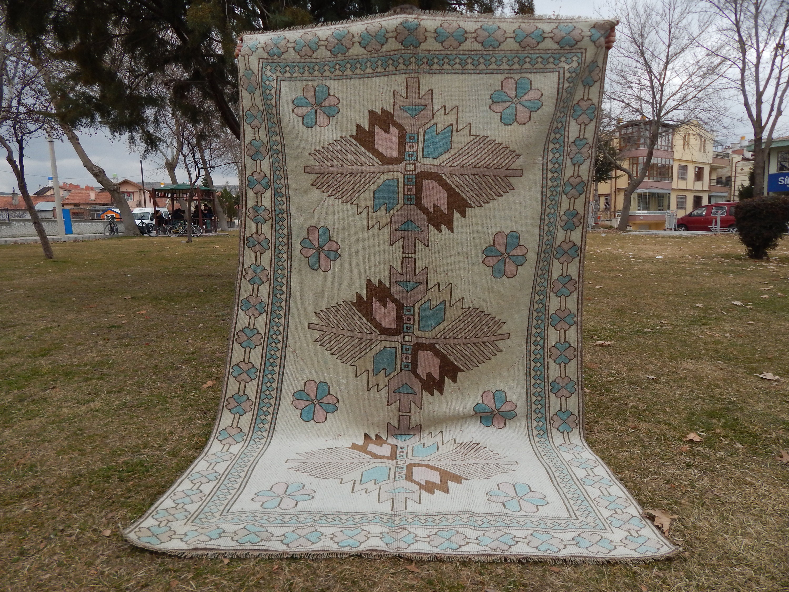 Vintage Turkish Rug in Muted Soft Warm Colours , Geometric