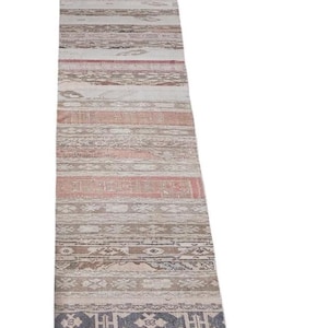 May include: A long, rectangular rug with a patchwork design. The rug features various patterns and colours, including beige, brown, and red. The rug is likely made of woven material and is suitable for a hallway or entryway.