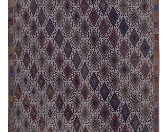 Dywan kilimowy w stylu vintage, ręcznie haftowany, z wzorem w romby, w ciepłych kolorach, do zawieszenia na ścianie, do pokoju rodzinnego, dywan wełniany, 5'7'' x 7'9''