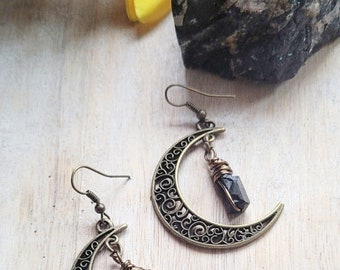 Black Tourmaline Earrings // Crescent Moon Earrings // Dangle Earrings // Energy Protection Earrings