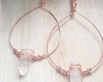 Dangle Earrings, Copper Clear Quartz Hoops - Copper- Clear Quartz Earrings- Raw Crystal Earrings - Protection Crystals - Gift for her