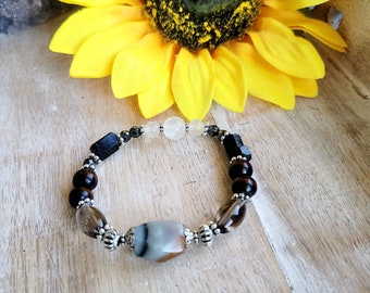 Gemstone Bracelet, Amazonite Bracelet, Stackable Bracelet, Black Tourmaline, Smoky Quartz, Energy Protection, Selenite Reiki Crystals