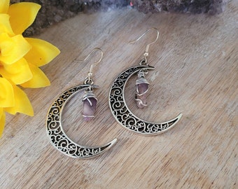 Crescent Moon Earrings, Moon Earrings, Amethyst Earrings, Crystal Dangle Earrings, Boho Earrings, Gift for her,