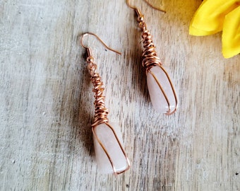 ROSE QUARTZ EARRINGS, Cool Earrings, Unusual Earrings, Unique Dangle Copper Gemstone, Crystal Earrings Perfect For Loved Ones