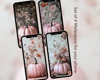Pink Pumpkin Fall Aesthetic Wallpapers Set of 4 Floral Cozy Autumn Digital Backgrounds for Phone #wf3