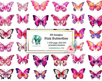 36 pink butterflies printable stickers, Fussy Cutting, COMMERCIAL USE,flower, flower stickers, flower clipart,watercolor flowers  PB1