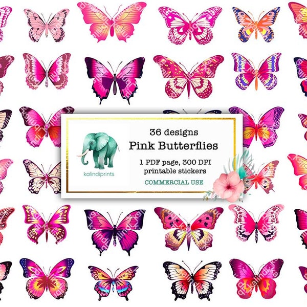 36 pink butterflies printable stickers, Fussy Cutting, COMMERCIAL USE,flower, flower stickers, flower clipart,watercolor flowers  PB1