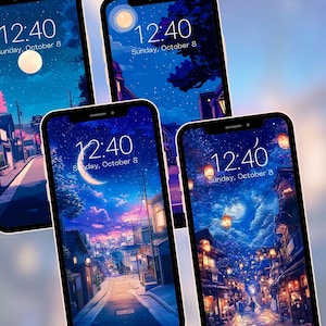 Anime Night Street Wallpapers für Phone & iPad | Gemütliche ästhetische Stadtbild Mond Kunst | Digitaler Download #wfan6