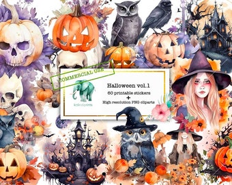 60 Halloween clipart,  COMMERCIAL USE, PNG, digital stickers, Scrapbooking, Junk Journal, Halloween downloads h3