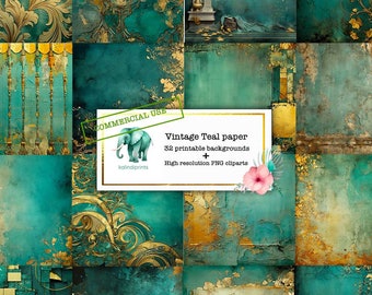 32 Vintage Teal Paper Printable, Fussy Cut, COMMERCIAL USE, clipart, digital background, Scrapbooking, Junk Journal, Vintage Ephemera v18