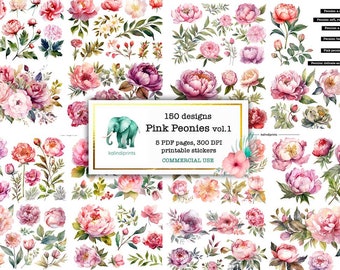 150 pink peonies printable stickers, Fussy Cutting, COMMERCIAL USE,flower, flower stickers, flower clipart,watercolor flowers  FL4
