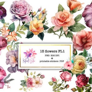 15 Blumen druckbare Aufkleber, Boho Printable, digitale Aufkleber, Blumenaufkleber, Blumen Clipart, Blumen png, Aquarellblumen FL1