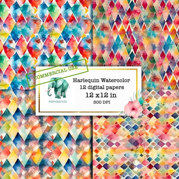 Harlequin Watercolor digital papers, COMMERCIAL USE, clipart, Journal stickers , Scrapbooking, Junk Journal, Vintage Ephemera w5