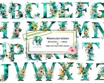 26 Watercolor floral letters png,  plus printable stickers sheet,  vintage printable stickers, junky journal, floral clipart, watercolor a1