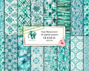 Teal Watercolor digital papers, COMMERCIAL USE, clipart, Journal stickers , Scrapbooking, Junk Journal, Vintage Ephemera w6