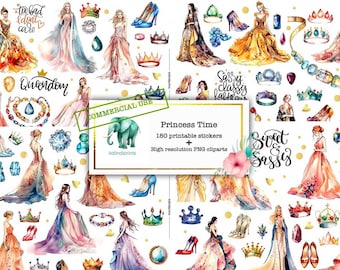 180 Princess girls printable stickers, COMMERCIAL USE,  PNG, Scrapbooking, Junk Journals, Watercolor clipart, Royal girls stickers  PC6