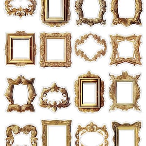 16 Gold Frames Printable Stickers, png digital files v4