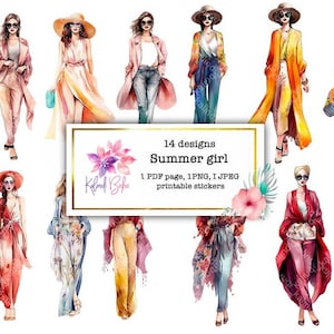 14 pegatinas imprimibles de verano para niñas, corte delicado, imprimible boho, flores, pegatinas de flores, clipart de flores, flores de acuarela F6