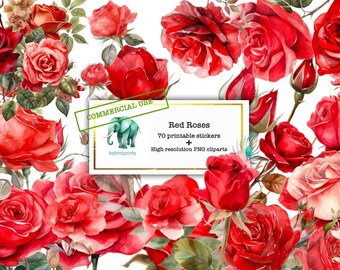 70 Red Roses Printable stickers plus  high resolutions  PNG clipart, digital stockers, floral printable stickers, junky journal  FL7