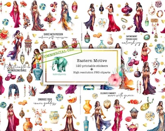 120 Eastern motive printable stickers, COMMERCIAL USE,  PNG, Scrapbooking, Junk Journals, Watercolor clipart, Belly Dance, girls   PC5