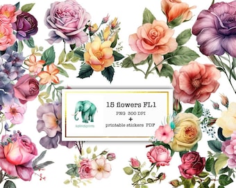 15   Flowers printable stickers, COMMERCIAL USE, flower, flower stickers, flower clipart, flowers png,watercolor flowers  FL1