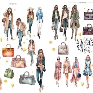 200 adesivi stampabili per ragazze alla moda Boho, Boho stampabili, PNG, Scrapbooking, Junk Journals, Clipart acquerello, adesivi digitali, F5