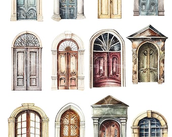 44 Watercolor doors cliparts, Scrapbooking, Printable Stickers, Junk Journal, Watercolor clipart, Retro Design, png digital files v3