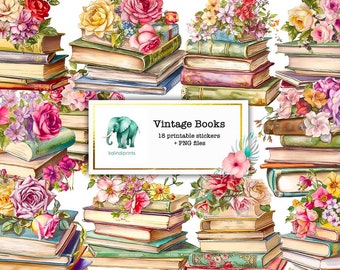 18 Vintage Books Printable stickers plus  high resolutions  PNG clipart, digital stockers, vintage printable stickers, junky journal  v14