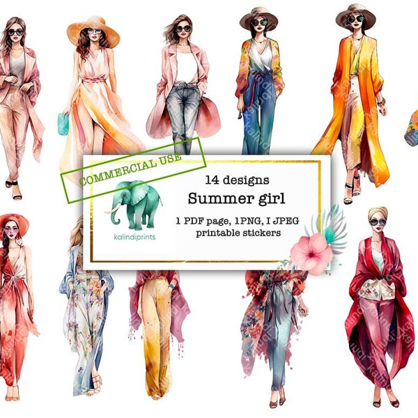 14 zomermeisjes afdrukbare stickers, kieskeurig snijden, commercieel gebruik, bloem, bloemstickers, bloemclipart, aquarelbloemen F6