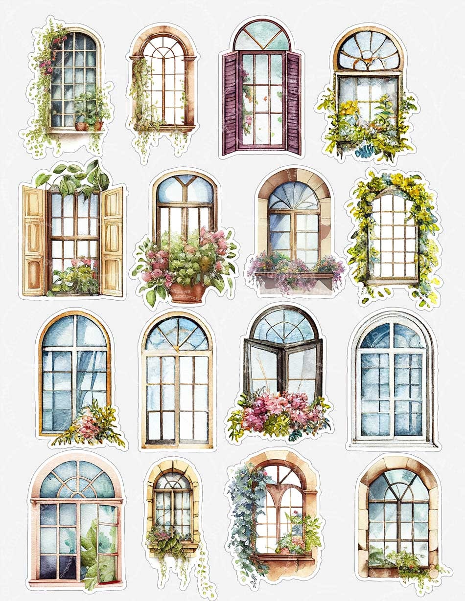 Watercolor windows clipart bundle, Scrapbooking, Printable Stickers, Junk Journal, Watercolor clipart, Retro Design, png digital files b1