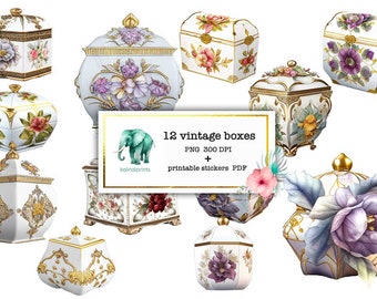 12 Vintage ceramic boxes printable stickers, PNG, Scrapbooking, Junk Journals, Watercolor clipart, Jewelry Boxes, Retro Design, png files F4