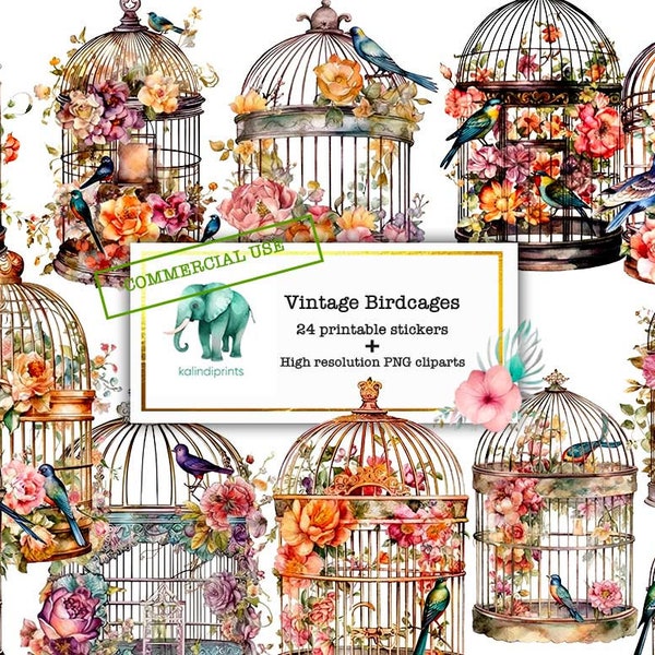 24 Vintage Birdcage Printable stickers plus  high resolutions  PNG clipart, digital stockers, vintage printable stickers, junky journal  v15