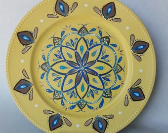 Decorative plate, painted plate, hand painted wall plate, decoration platter, yellow plate, dining room decor, decorative platter