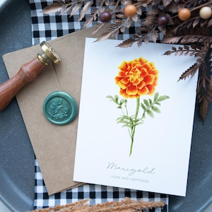 Tarjeta de caléndula, interior en blanco: tarjeta de felicitación de flores A2, tarjeta de felicitación de flores de nacimiento de octubre, tarjeta de cumpleaños de octubre