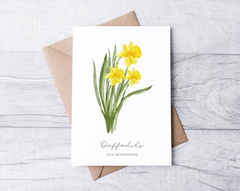 Cartão de felicitações A2 com aquarela de narcisos, flor de nascimento de março.