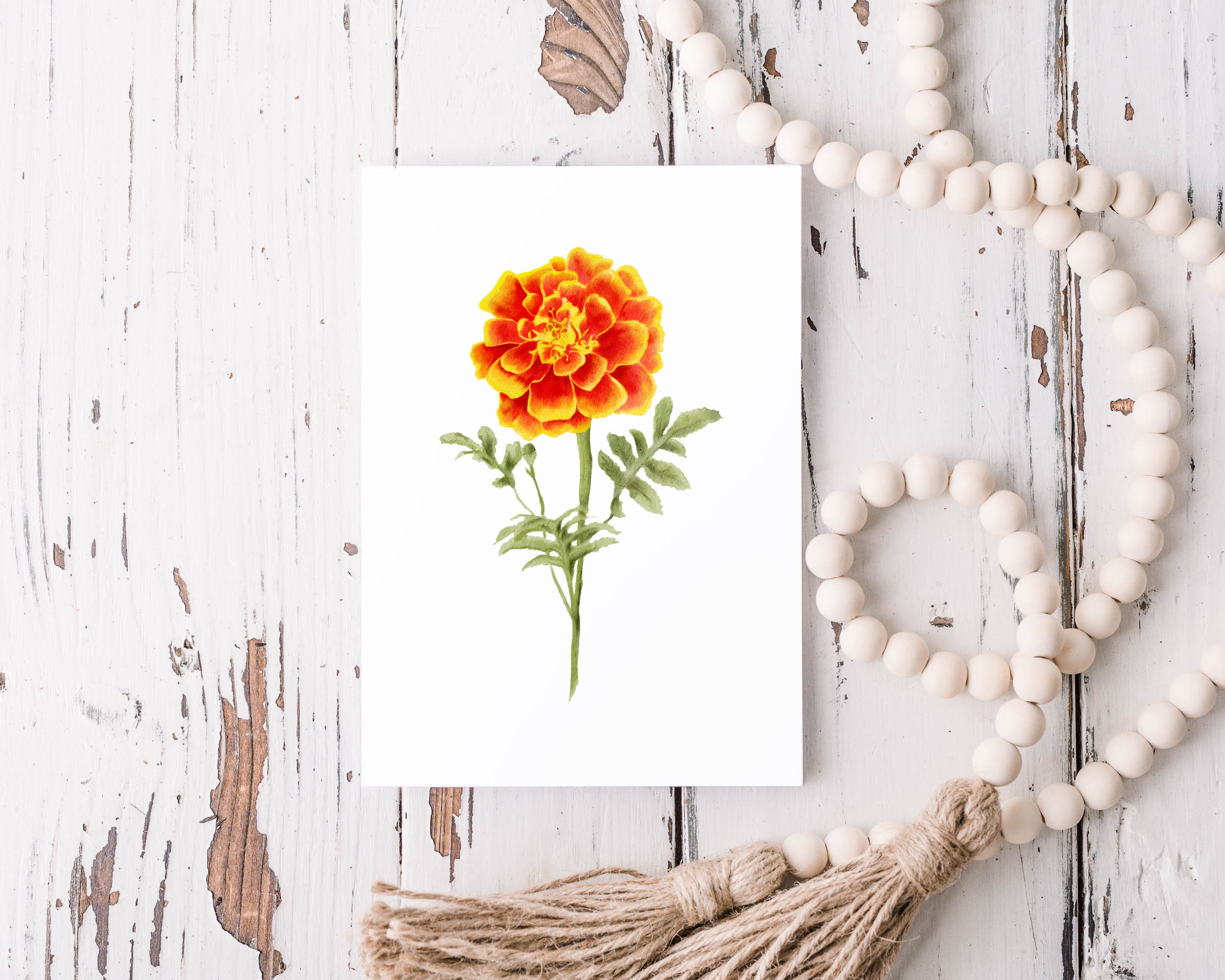 Marigold Flowers Linoleum Block Print Hand Printed on 5x7 Paper 