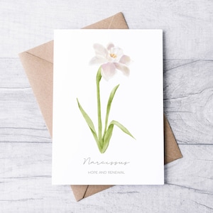 Narcissenkaart, blanco binnenkant: A2-bloemwenskaart, bloemwenskaart geboorte december, verjaardagskaart december