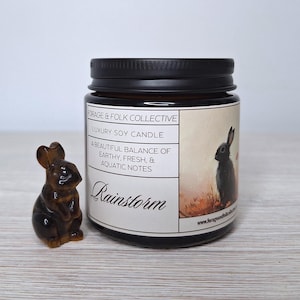 May include: A glass jar candle with a black lid and a label featuring a rabbit illustration. The label reads "Rainstorm" and "Luxury Soy Candle". A small brown rabbit figurine is in front of the candle. The candle is likely soy wax.