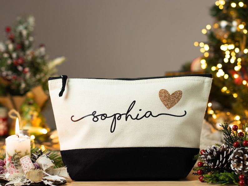 Borsa per il trucco in tela personalizzata per donna con nome personalizzato immagine 2